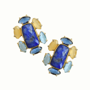 Boucles d'oreilles en laiton plaqué or avec lapis-lazuli, clous d'oreilles floraux imposants, lot en gros - Product Image 6