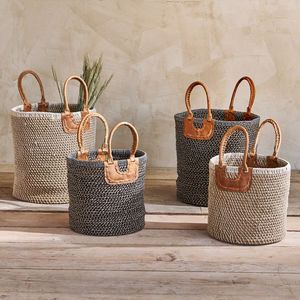 Rustic Plant Fiber <b>Storage</b> <b>Baskets</b> With Handles Oval Shape Multi Purpose Neatening Containers Set - Product Image 6