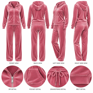 Conjunto Deportivo de Terciopelo Rosa para Mujer, con Capucha, Corte Holgado, Casual, para Todas las Temporadas, 2 Piezas, Manga Larga, Pantalones Deportivos de Velour - Product Image 6
