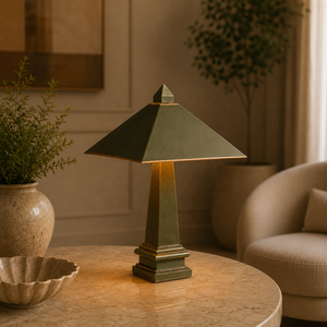 Lámpara de Mesa Metálica Olive Pyramid con Pantalla Geométrica, Fabricada en Hierro de Primera Calidad, Iluminación Ambiental Cálida para Interiores Sofisticados - Product Image 1