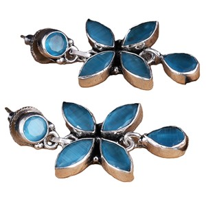 Wholesale Oxidized <b>Silver</b> Brass Blue Cat Eye Stone <b>Dangle</b> <b>Earring</b> for Women | Boho Floral Drop <b>Earrings</b> | Fashion Jewelry Supply - Product Image 2