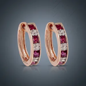 Boucles d'oreilles créoles de luxe en rubis et diamants pour femme, en or rose 10K 14K 18K et argent 925 935, bijoux fins avec pierres précieuses - Product Image 4