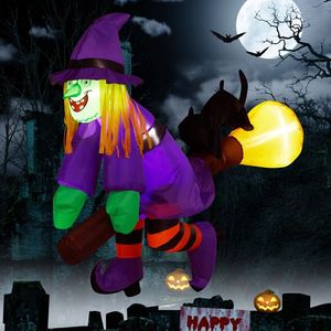 3.9 FT Halloween LED Inflatable Witch Riding Broom Scary Outdoor Yard Decorations Built From Window Broke Out - Product Image 1