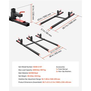 Forche per Trattore da 900 kg (2000 libbre) per Carichi Pesanti, Lunghezza Totale 152 cm, Forche a Morsetto per Pallet con Barra Stabilizzatrice Regolabile, Nuove Condizioni - Product Image 4