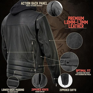SAMROZ SPORTS Men's Premium Leather <b>Motorcycle</b> Riders Vented <b>Jacket</b> with Removable Hoody Liner - Product Image 2