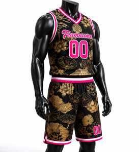 Ensemble de maillots de basket personnalisés unisexe, imprimé floral sublimé, 100% polyester respirant, débardeur à col en V, short à taille élastique - Product Image 2