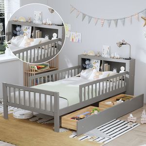 Letto singolo grigio per bambini con testiera, scaffale portaoggetti, due cassetti sottoletto e tre sponde laterali per sicurezza e protezione - Product Image 5