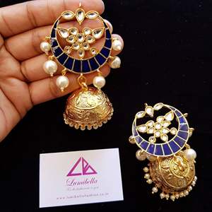 Fine Dangle Earrings-Designer Moon Style Blue Enameled Big Jhumka Jhumki - Product Image 1