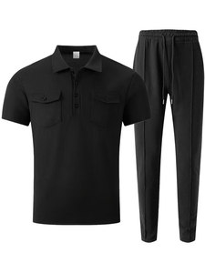 Men's Customized Black Solid Short Sleeve Polo Shirt Set Pockets Matching Pants Casual Knitted Cotton Breathable Summer Wear - Product Image 2