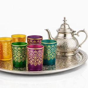 Juego de té marroquí de lujo multicolor, 6 vasos, un bandeja, una tetera, en caja de regalo - Product Image 1