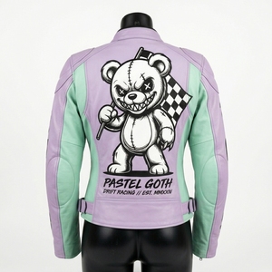 Women Pastel Goth Drift Racing Leather Jacket <b>Purple</b> Mint Green Crying Face Evil Bear Biker Outerwear - Product Image 2
