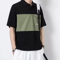 Kaos Polo Kasual Pria Lengan Pendek dengan Saku, Kerah Lipat, Longgar, Bernapas, Model Patchwork, Ukuran Besar