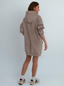 Women Oversized <b>Hooded</b> <b>Sweatshirt</b> <b>Dress</b> Full Sleeve Solid Color Knitted 100% Cotton Pullover Pockets Breathable Winter Front - Product Image 5