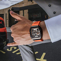 Montre automatique Bonest Gatti pour homme, forme tonneau, fond transparent, mouvement visible, bracelet en caoutchouc BG9901