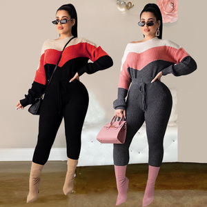 Women's Knitted Color Block <b>Sweater</b> <b>Set</b> With Drawstring Pants Full Sleeve O-Neck Casual Autumn Wear 2 Piece Outfit - Product Image 4