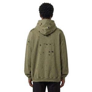 Sudadera con Capucha Verde Oliva Desgastada de Moda para Hombre, Oversize, Estilo Urbano, de Gran Gramaje, Lavado Vintage, con Bolsillo Canguro, Personalizable OEM - Product Image 2