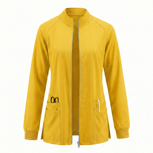 Blouse médicale personnalisée à prix de gros, fermeture éclair sur le devant, sans col, manches longues, poignets tricotés, ourlet ventilé - Product Image 2