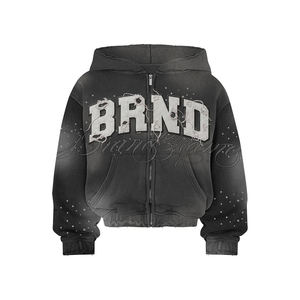 Ensemble sweat à capuche et pantalon de survêtement pour homme, haute qualité, délavé à l'acide, vintage, hiver, respirant, imprimé, avec strass, épais, uni, avec cordon de serrage - Product Image 2