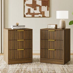 Nordic <b>Minimalist</b> Ruffled <b>Bedside</b> <b>Table</b> with Three Drawers Large Capacity Storage Walnut Golden Handles - Product Image 1