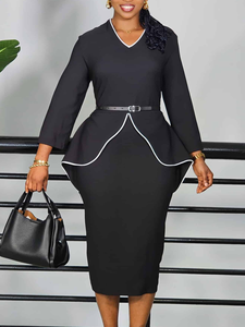 Plus Size Women's African <b>Dresses</b> Woven Natural Waist V-neck Long Sleeve Slim Fit Party & Office Wear <b>Custom</b> - Product Image 3