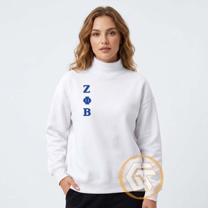 Sudadera Blanca de Cuello Alto para Mujer con Estampado Frontal de Letra Griega ZΦB, Hombros Caídos, Mezcla de Algodón, Sin Forro - Product Image 4