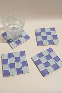 Sous-verres mosaïques vert, rose et marron, ensemble de sous-verres en verre, motif damier, tapis de table, support de boisson résistant à la chaleur, tapis pour tasse à café - Product Image 2