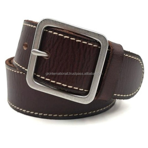 Cinturón casual de cuero de vaca de grano completo para hombres con costuras de borde blanco y elegante hebilla de latón mate plateado cuadrado todos los tamaños - Product Image 4