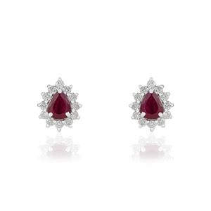 Boucles d'oreilles clous en or blanc 18 carats véritable, rubis et diamants, design classique élégant, faites à la main, cadeau pour maman, bijoux fins - Product Image 1