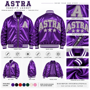 Chaqueta Varsity Astra Morada para Hombre, con Logotipo de Letras en Lentejuelas, Cierre de Botones Cubiertos, Cuello Alto Transpirable, Estilo Preppy, Corte Regular - Product Image 4