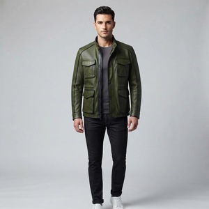 Veste en cuir vert olive pour homme, col montant, style motard, avec poches, coupe classique, pour l'automne - Product Image 2