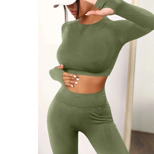 Seamless Yoga Two Piece <b>Set</b> High Waist Ribbed Leggings Full Length Long Sleeve Crop Top Solid <b>Green</b> Activewear <b>Gym</b> Wear - Product Image 4