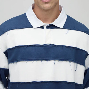 Customized Breathable <b>Men's</b> Striped Rugby Shirts Knitted 100% Cotton Lapel Long Sleeve Solid T-shirt Blue <b>White</b> Loose <b>Men</b> Shirts - Product Image 4