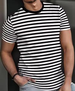 T-shirt décontracté pour homme à manches courtes, col rond, rayé, tricoté, coupe classique, 100 % coton, infroissable, avec logo frontal - Product Image 3