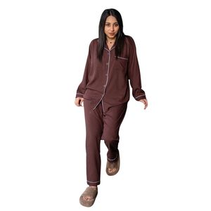 <b>Women</b> Chocolate Brown Satin Pajama Set Long Sleeve Button Up Shirt Matching <b>Pants</b> Contrast Piping Elegant Sleepwear <b>Lounge</b> Wear - Product Image 1