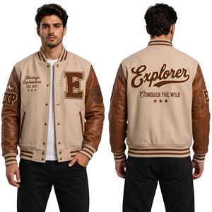 Veste universitaire en cuir bleu marine foncé avec écusson étoile, corps en laine premium, broderie au dos, style Letterman - Product Image 5