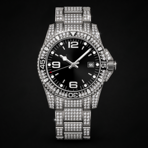 <b>Black</b> Dial Diamond Iced Out Luxury <b>Watch</b> Silver Stainless Steel Bracelet Men’s Fashion Timepiece - Product Image 1