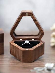 Luxury Handmade High Quality Square <b>Walnut</b> Solid Wood Wedding Ring Proposal Box with Velvet Lining for Earrings and Pendants - Product Image 3