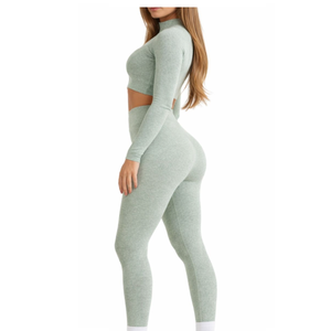 Ensemble de leggings et crop top respirant à manches longues, coupe ajustée, sans couture frontale, effet push-up, pour le sport et le fitness, vente en gros - Product Image 4
