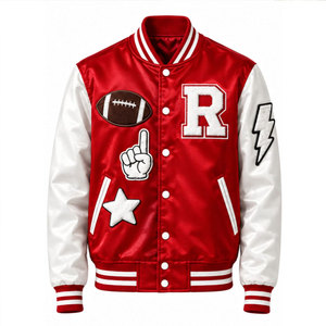 Veste de sport rouge pour homme avec manches blanches, lettre R brodée, patch de football, style preppy, col rabattu, coupe classique - Product Image 2