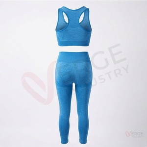 <b>Women</b> <b>Seamless</b> Ribbed Yoga Set 2 Piece Scoop Neck Racerback Crop Top High Waist Long <b>Leggings</b> Blue - Product Image 2