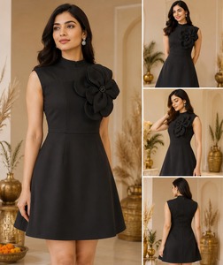 3D Layered Floral Applique <b>Strapless</b> Asymmetrical Neckline Knee-Length Club <b>Dress</b> Premium Imported Fabric - Product Image 3