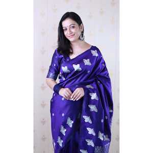 ผ้าไหมทอเนื้อนุ่มสีม่วงอ่อนลาย Zari สองชั้น พร้อมเสื้อคลุมสำหรับผู้หญิงลายขอบรูปนก - Product Image 2