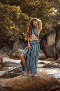 Falda larga bohemia escalonada para mujer, de gasa de algodón orgánico, amplia y fluida, ligera, estilo bohemio, para verano - Product Image 3