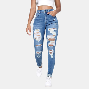 Nuevos Jeans de Mezclilla Casuales y Transpirables para Mujer, Ajustados, Rotos, con Cintura Elástica, Alta Calidad BD - Product Image 2
