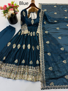 Magnifique ensemble Anarkali brodé paon avec dupatta, tenue traditionnelle indienne et pakistanaise pour mariage, longueur ras du sol en crêpe de soie pour femme - Product Image 1