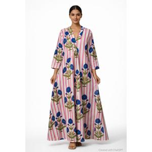 Vestido Maxi de Algodón con Estampado Artesanal Boho para Mujer, Rayas Rosas y Flores Azules, Corte Holgado, Cuello en V, Vestido Largo - Product Image 1