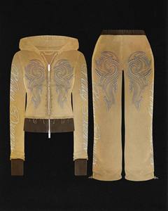 Custom Velour Tracksuit Women | Rhinestone <b>Velvet</b> Zip Up Hoodie & <b>Joggers</b> Set | OEM Luxury Flare Pant Two Piece Set Manufacturer - Product Image 2