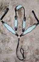 Ensemble d'équipement équestre en cuir véritable à carreaux turquoise et blanc, cuir naturel souple, léger, style selle anglaise, pour l'équitation