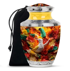 Urna de Metal Plateada Hecha a Mano con Borde Grabado, Plumas de Colibrí Arcoíris, Cristal y Paisaje, Recipiente Funerario para Cenizas Humanas - Product Image 6
