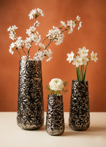 Luxury Silver Embossed <b>Metal</b> Flower Vase Modern Floral Pattern Textured Handcrafted Home Decor Table Centerpiece Single <b>Unit</b> - Product Image 2